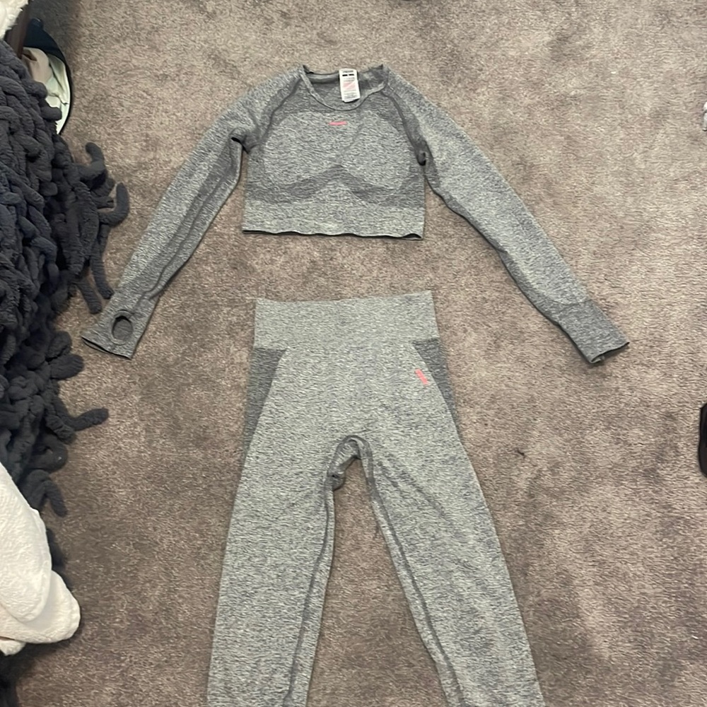 Matching Gymshark Pink and Gray Leggings and Long Sleeve Crop Top Set